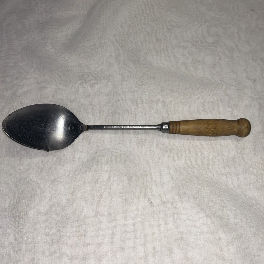 Vintage Genuine Stainless‎ Steel Measuring Spoon Wooden Handle Kitchen Utensil